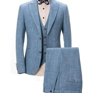 costume 3 pièces en lin bleu clair pour homme