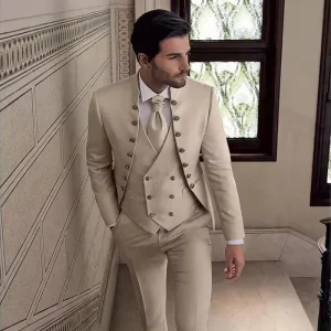 Costume de mariage beige 3 pièces pour homme