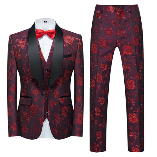 Costume 3 pièces en tissu jacquard bordeaux