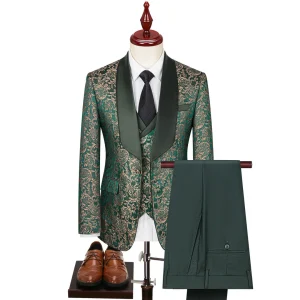 Costume 3 pièces vert imprimé à rayures