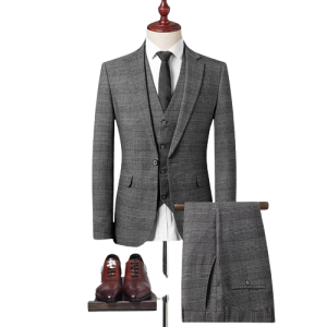 costume 3 pièces gris carreau style shiné