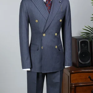 Costume classique bleu marine à rayures pour homme