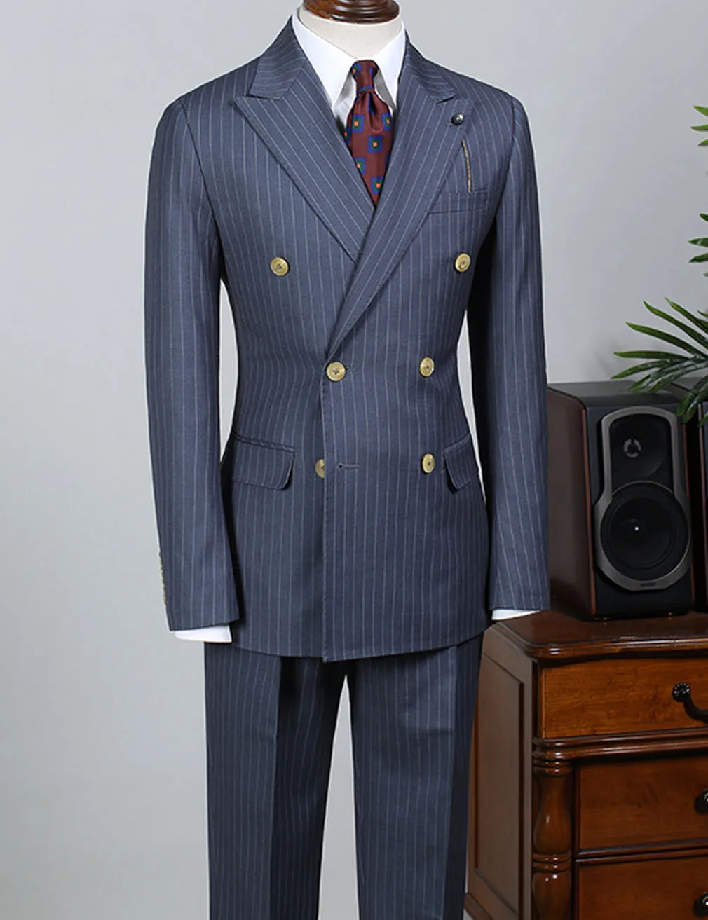 Costume classique bleu marine à rayures pour homme