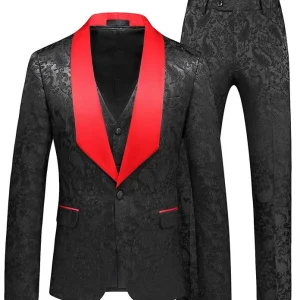 Costume 3 pièces en tissu jacquard noir avec col rouge