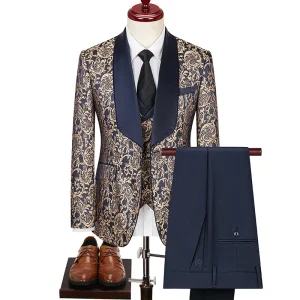 Costume 3 pièces bleu marine en jacquard